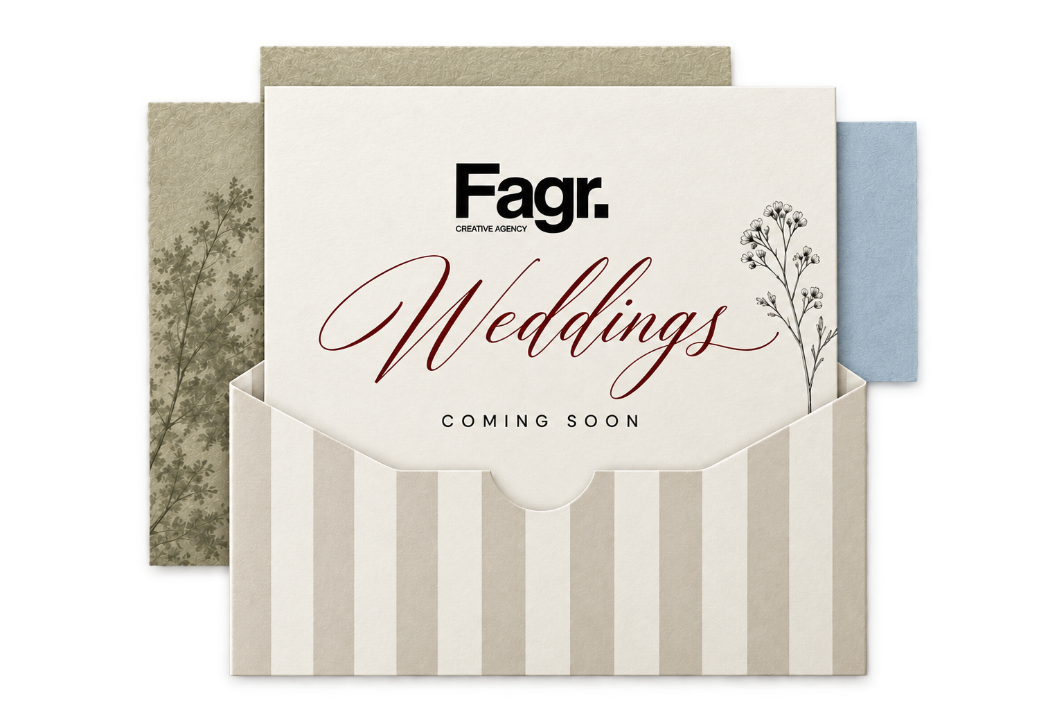 Fagr Weddings. Coming soon. Invitasjon i åpen kremstripete konvolutt med lyse salviegrønne og blå papirer.